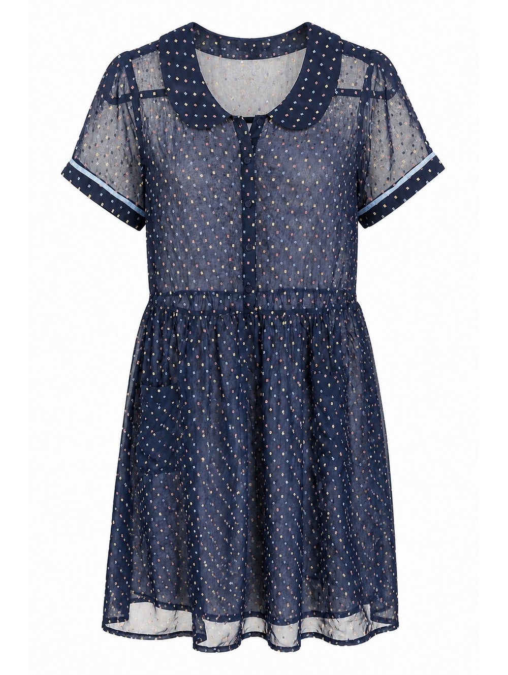 ModCloth Navy Blue Sheer Polka Dot Dress with Peter Pan Collar, Size Large
